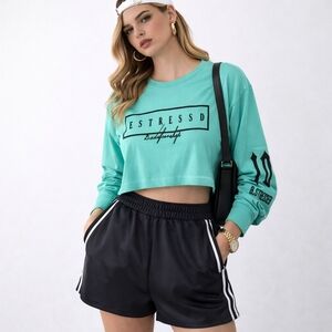 ESTRESSED - D.STRESSED European Streetwear Crop Tee Long Balloon Sleeves Mint Gr